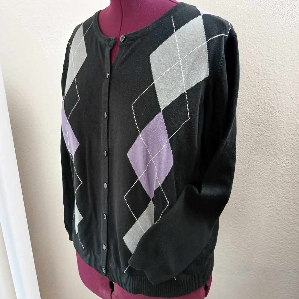 Dressbarn Black Argyle Cardigan Sweater 1X repaired button-up crew neck LS